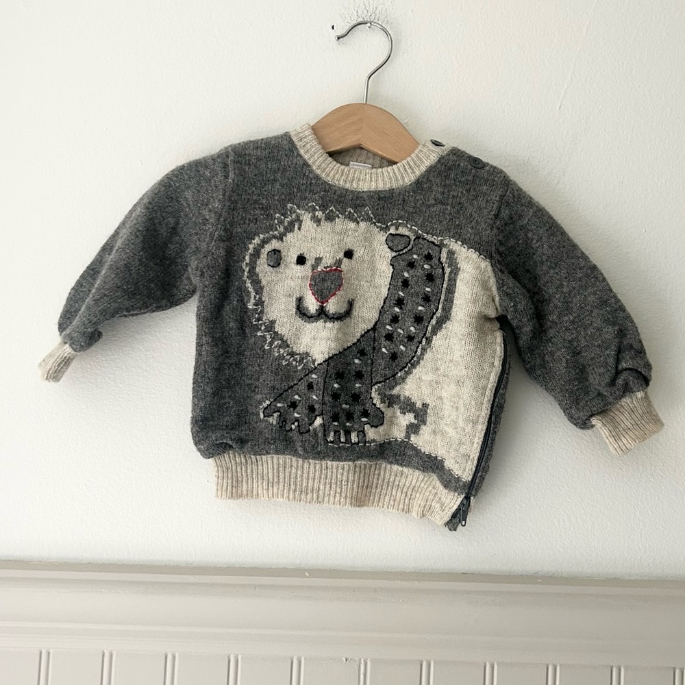 Baby Gap 100% Wool 6-12 Months Gray Cream Polar Bear Sweater